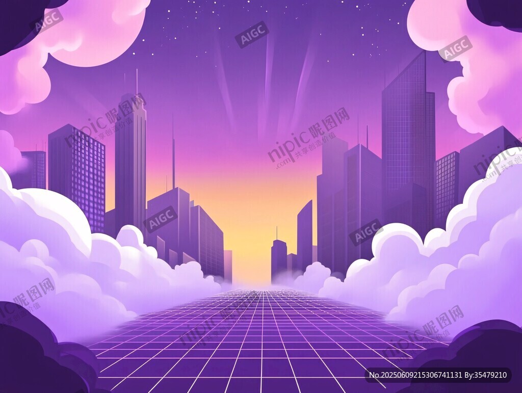 夢幻紫色都市云端場景