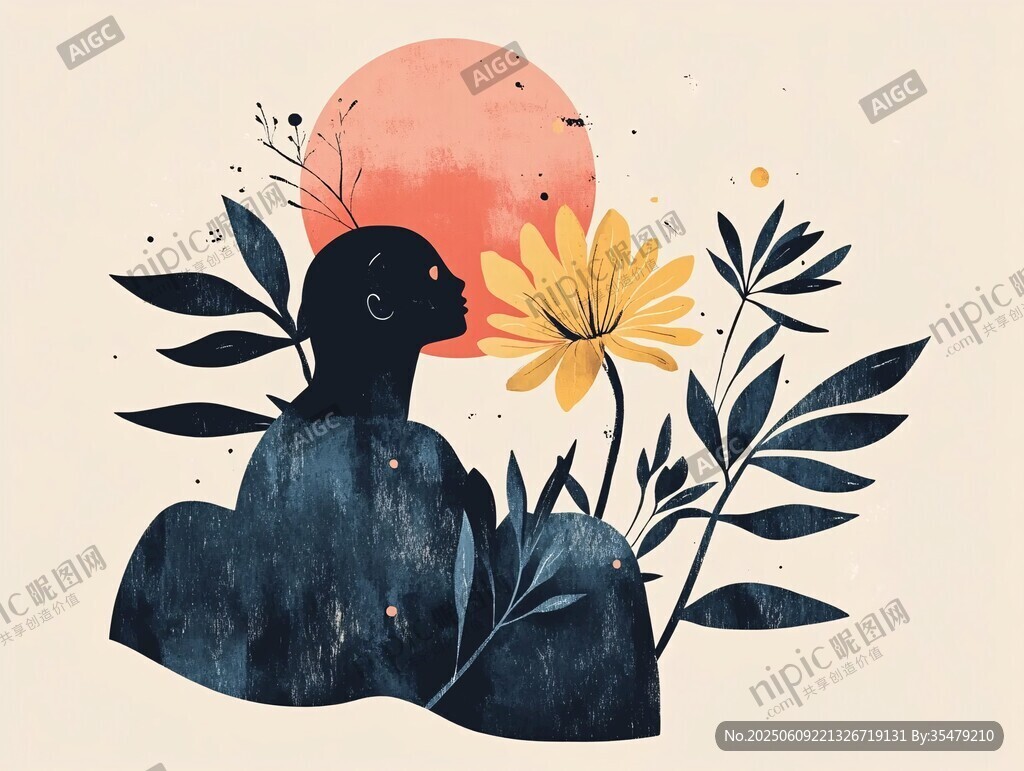 夕陽下的人物與花卉剪影