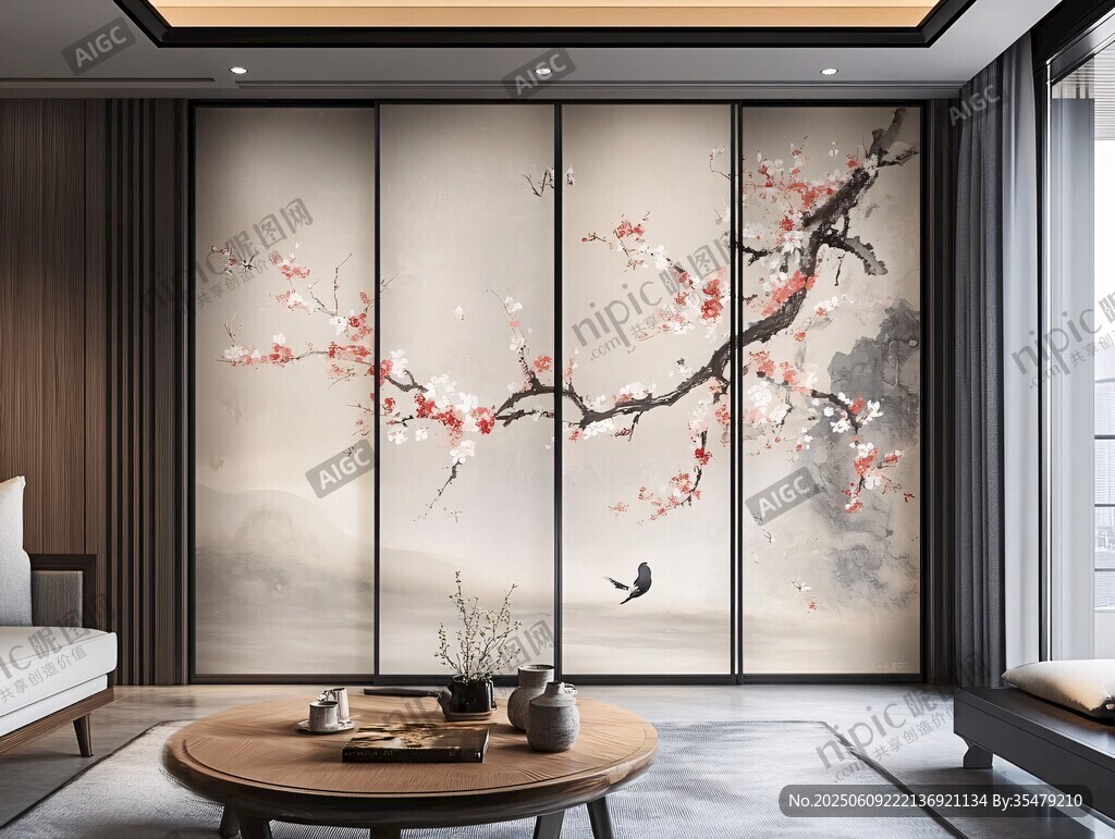 中式客廳梅花花鳥背景墻