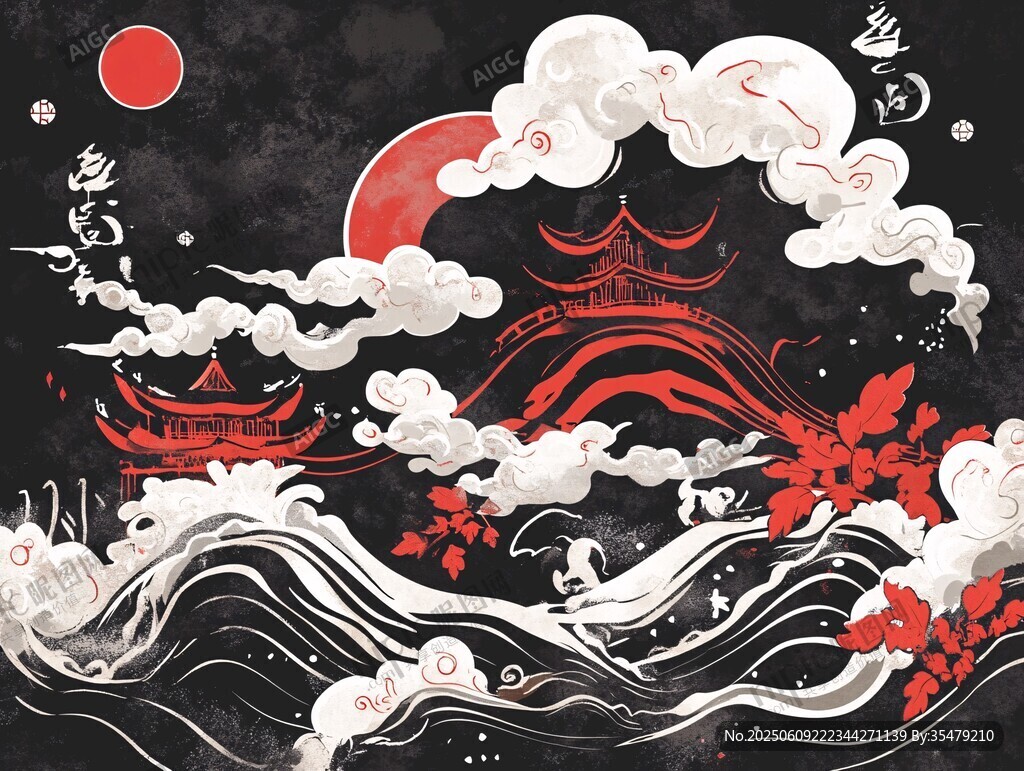 中式古風(fēng)山水樓閣插畫(huà)