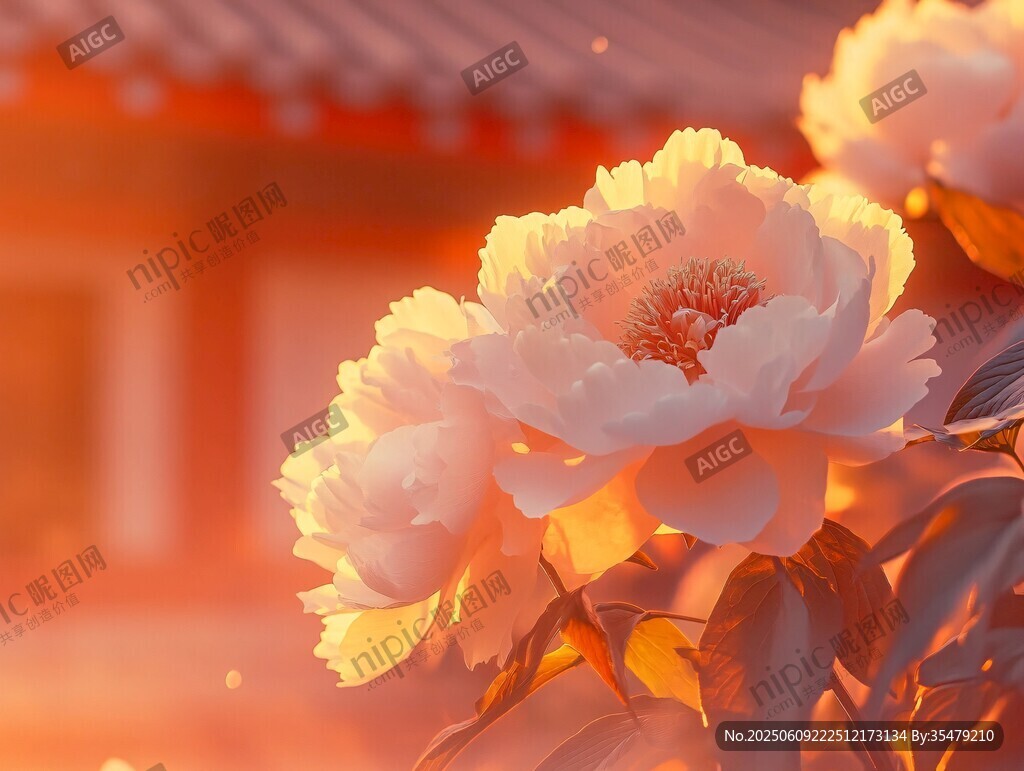 夕陽下盛開的嬌艷牡丹花