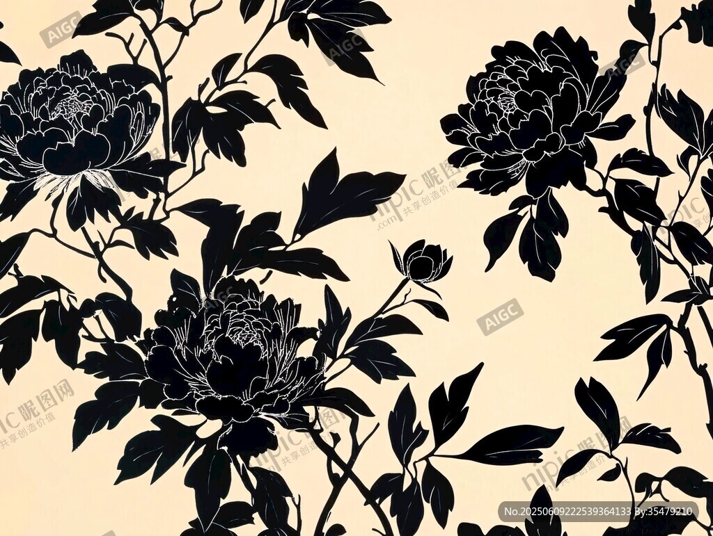 中式黑牡丹花卉圖案