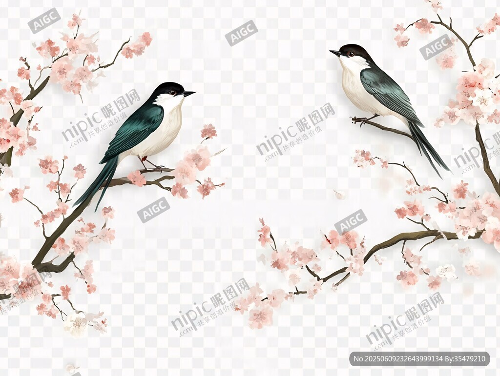 雙鳥棲于爛漫花枝間