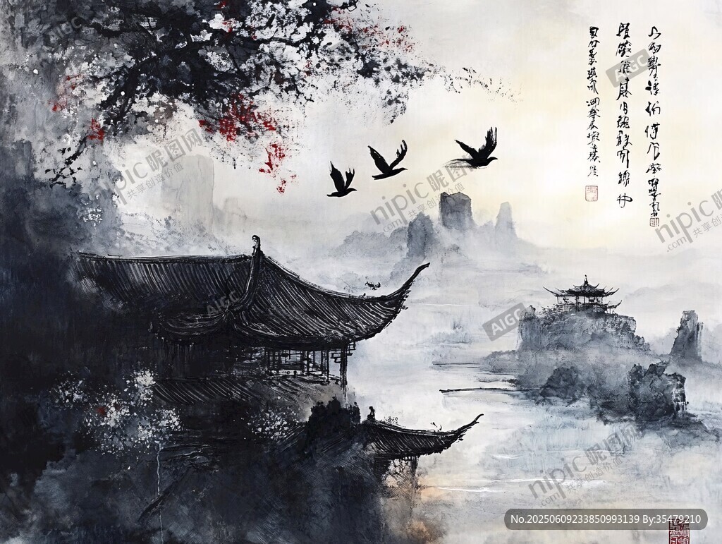 水墨江南古建筑飛鳥圖景