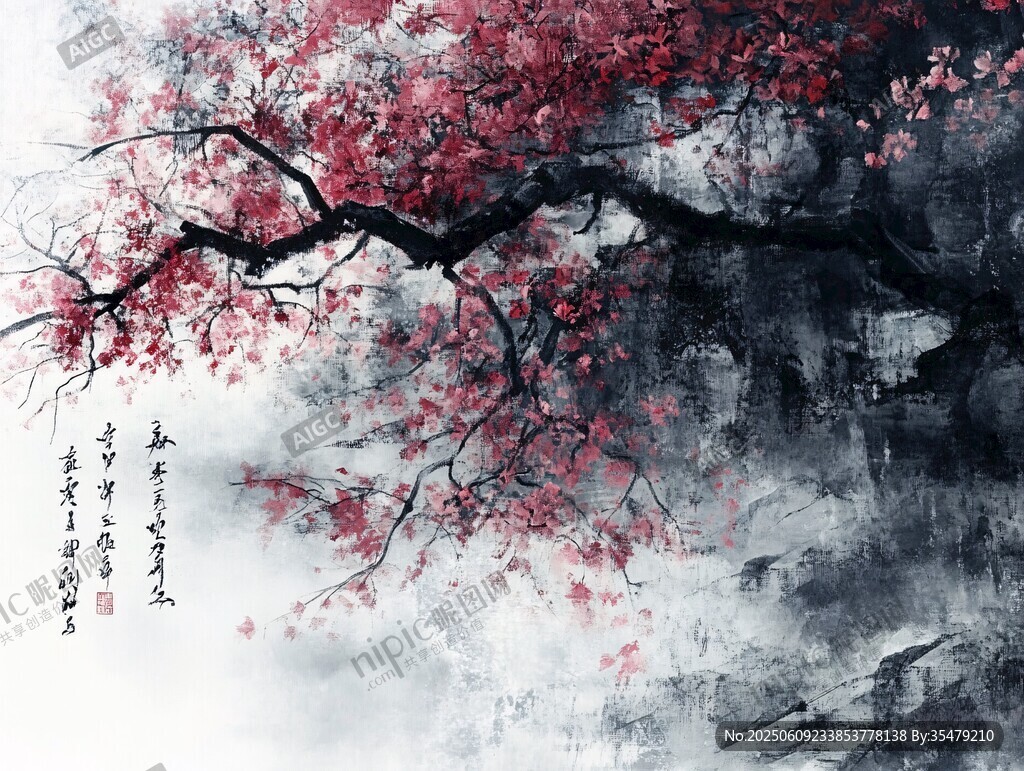 水墨紅梅圖
