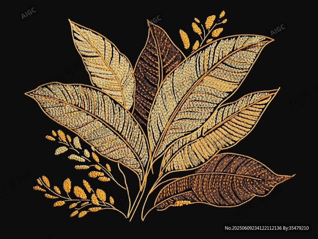 金色葉脈刺繡風(fēng)植物圖案