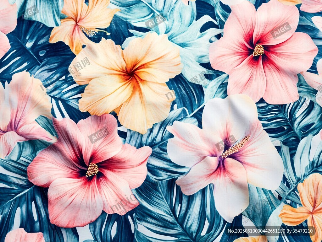 熱帶花卉與綠葉圖案