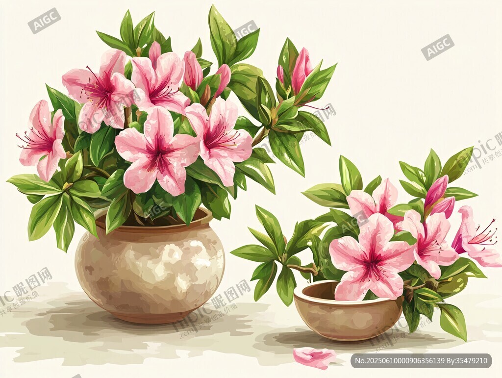 兩盆綻放的粉色花卉插畫