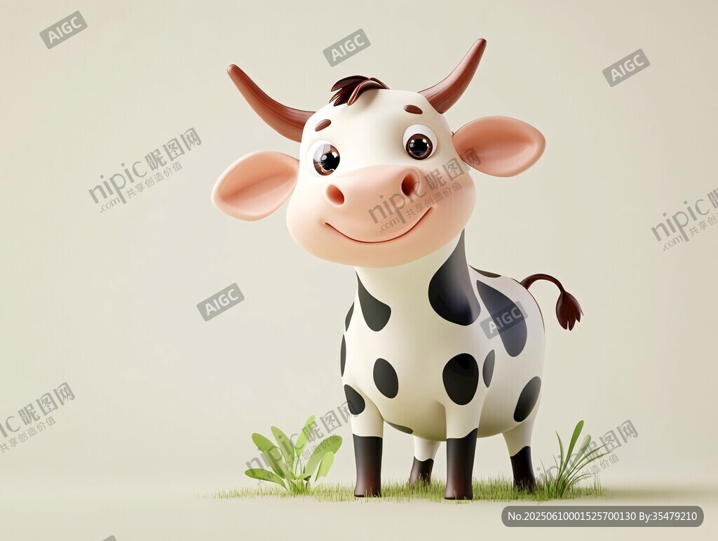 可愛(ài)卡通小牛站在草地上