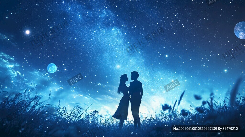 星空下的浪漫情侶剪影