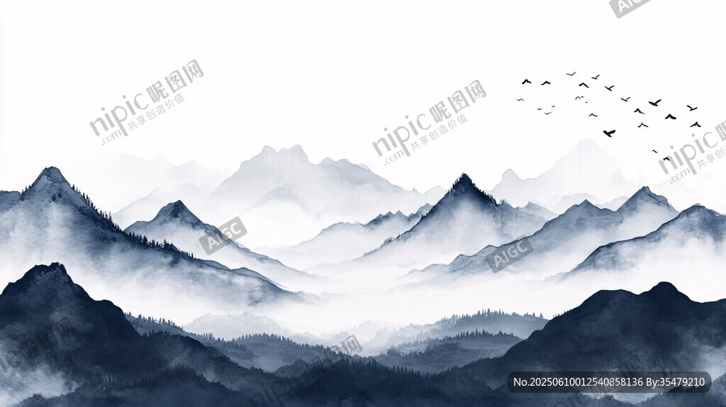 水墨山水間飛鳥掠群山