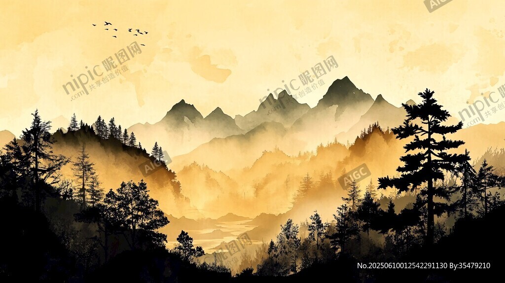 黃昏山林間 飛鳥越群山