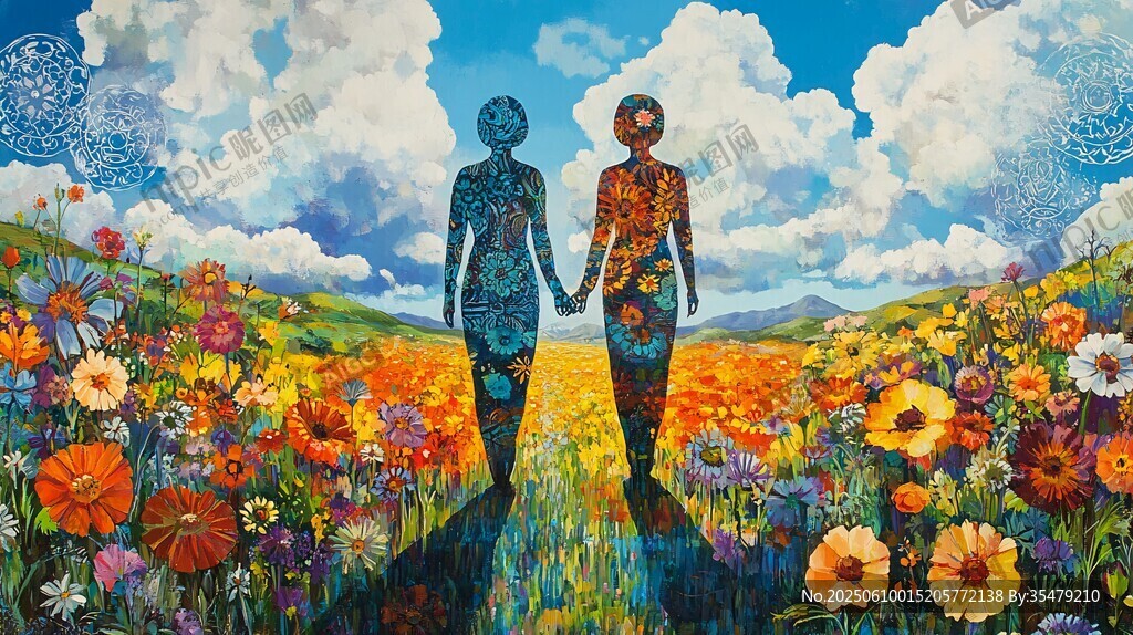 漫步花海的牽手剪影