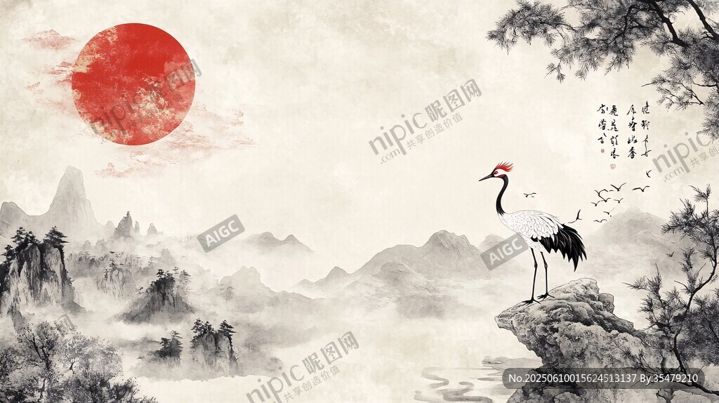 紅日仙鶴圖 中式山水意境