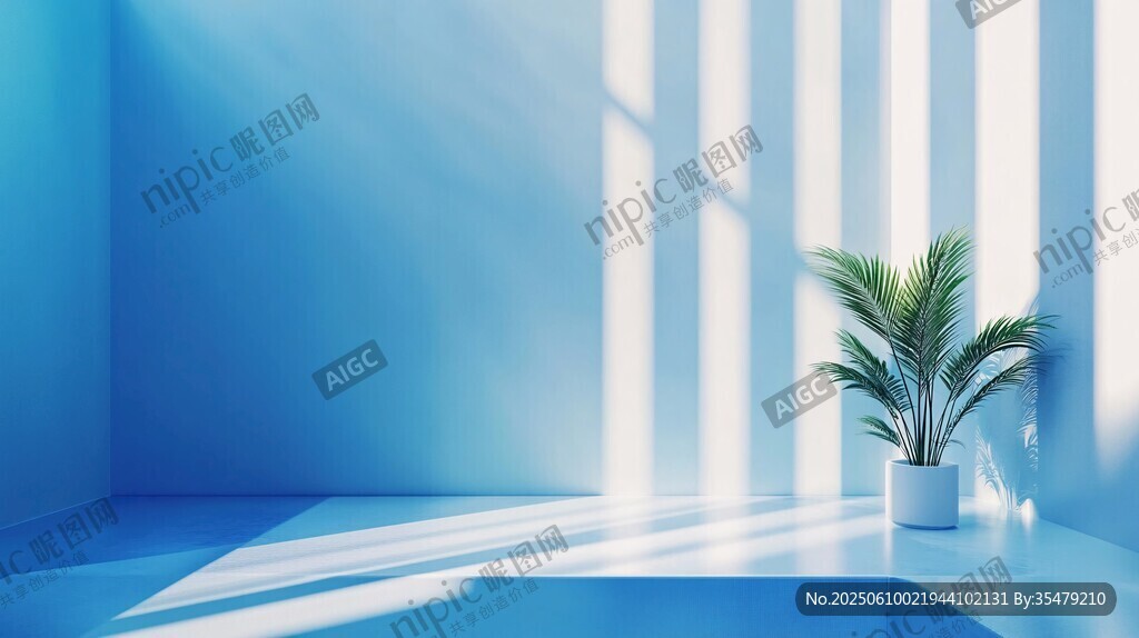 藍色房間中的綠植光影