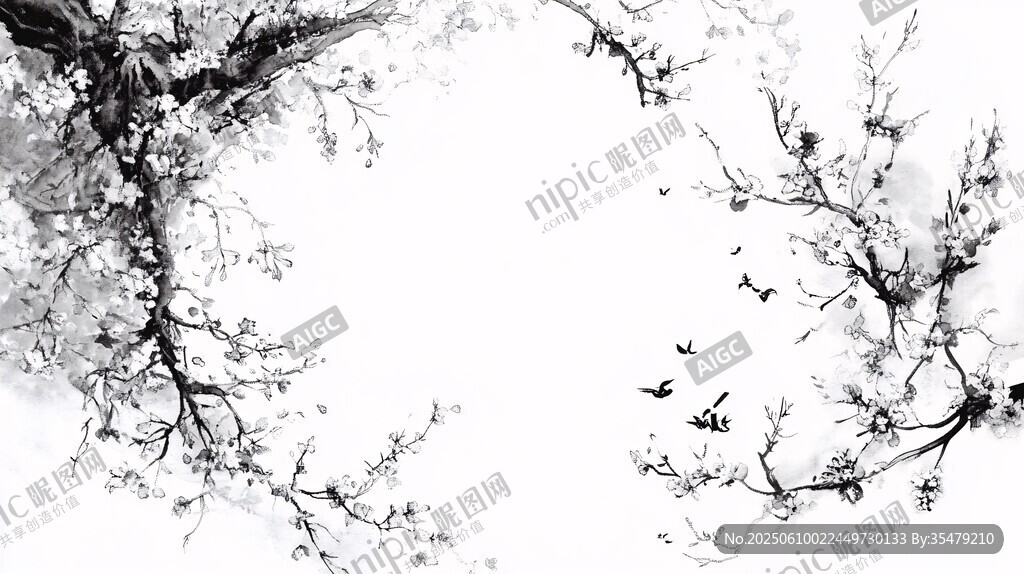 水墨梅花枝頭飛鳥圖