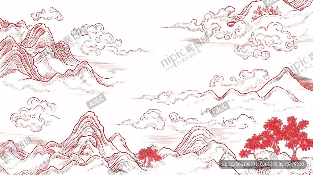 中式山水云紋紅色裝飾畫