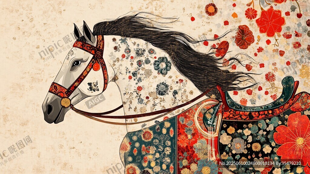 中式繁花駿馬圖
