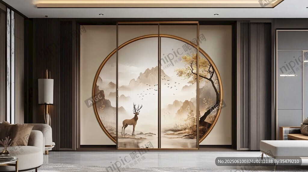 中式客廳的雅致山水鹿景