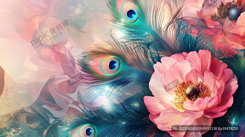 孔雀羽與粉花夢幻插畫