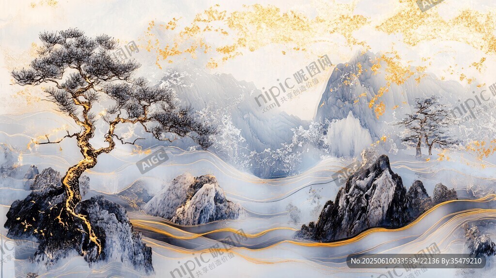 水墨金松繪就山水盛景