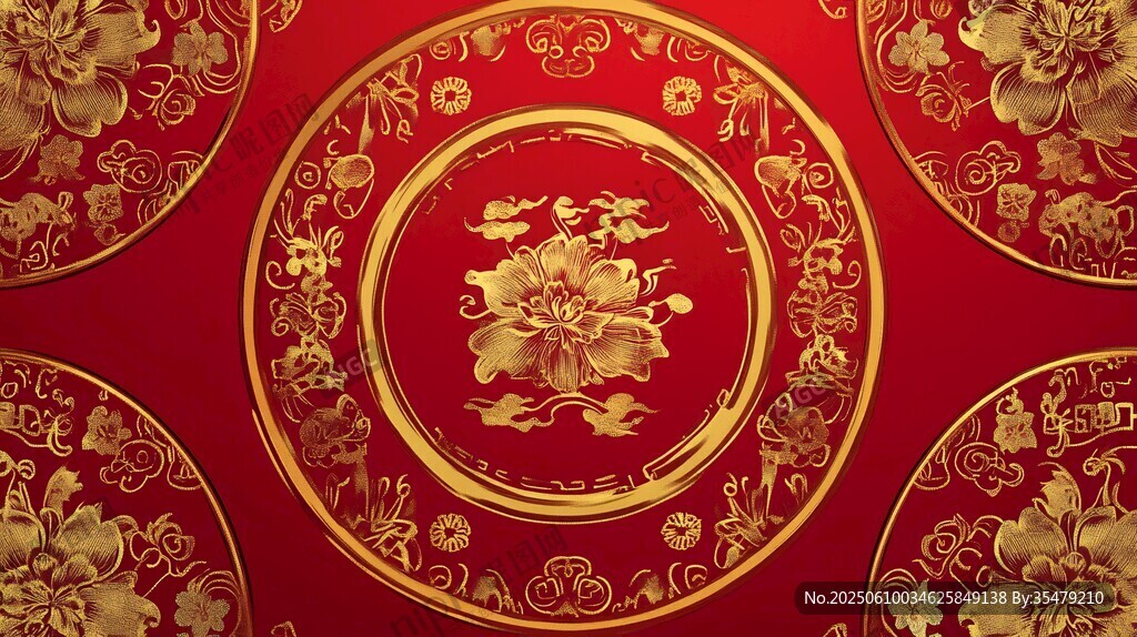 喜慶中式紅金花卉裝飾圖案