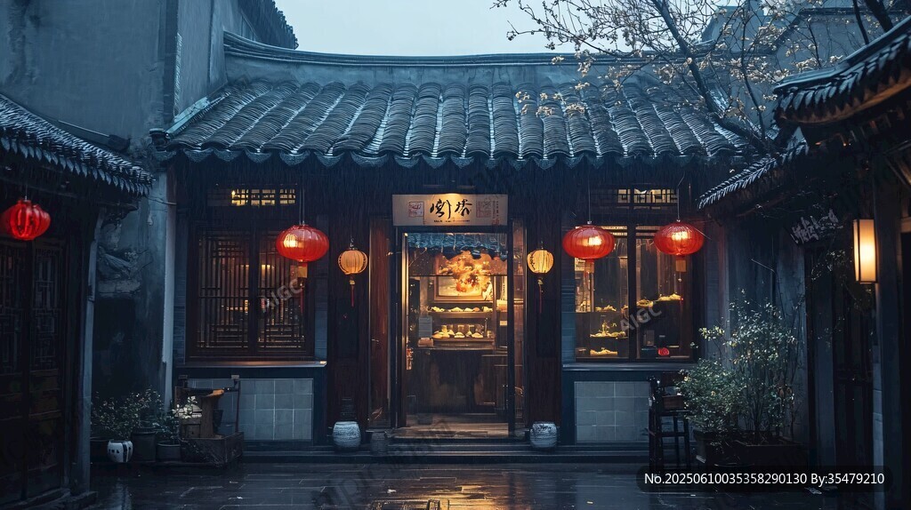 江南雨夜古宅燈籠搖曳