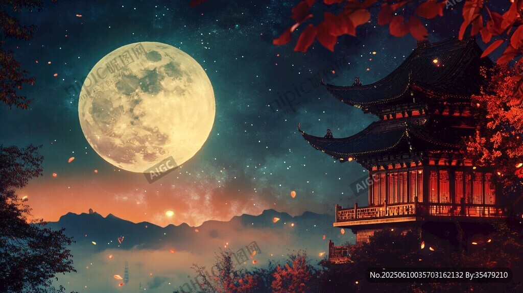 月夜下的中式樓閣美景
