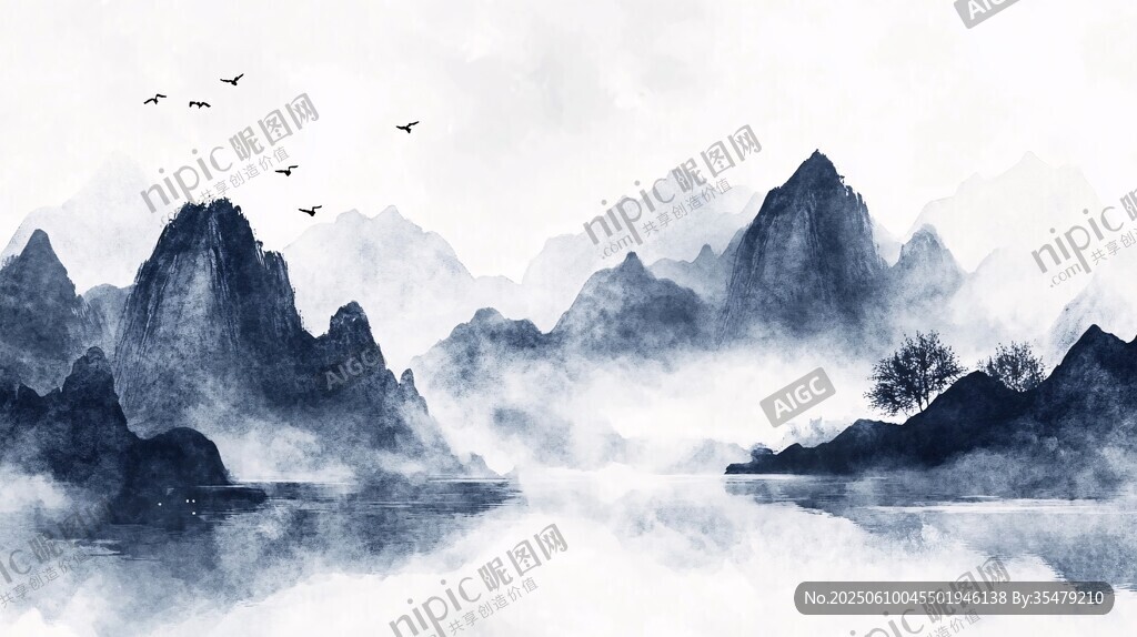 水墨山水間飛鳥(niǎo)云霧景致