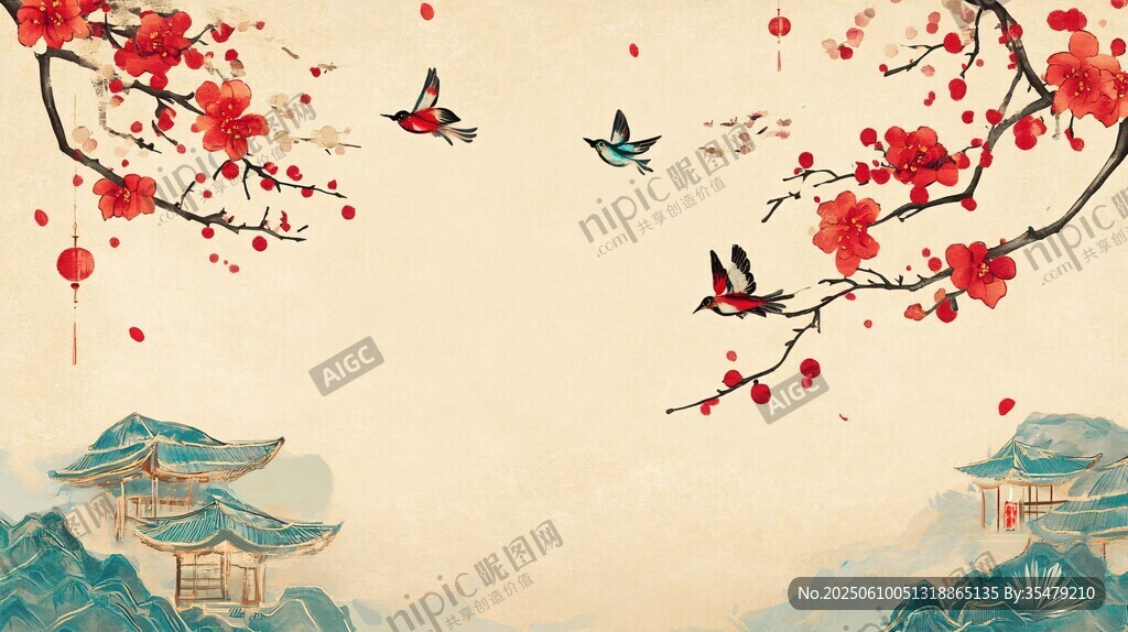 紅梅飛鳥伴古景中式圖