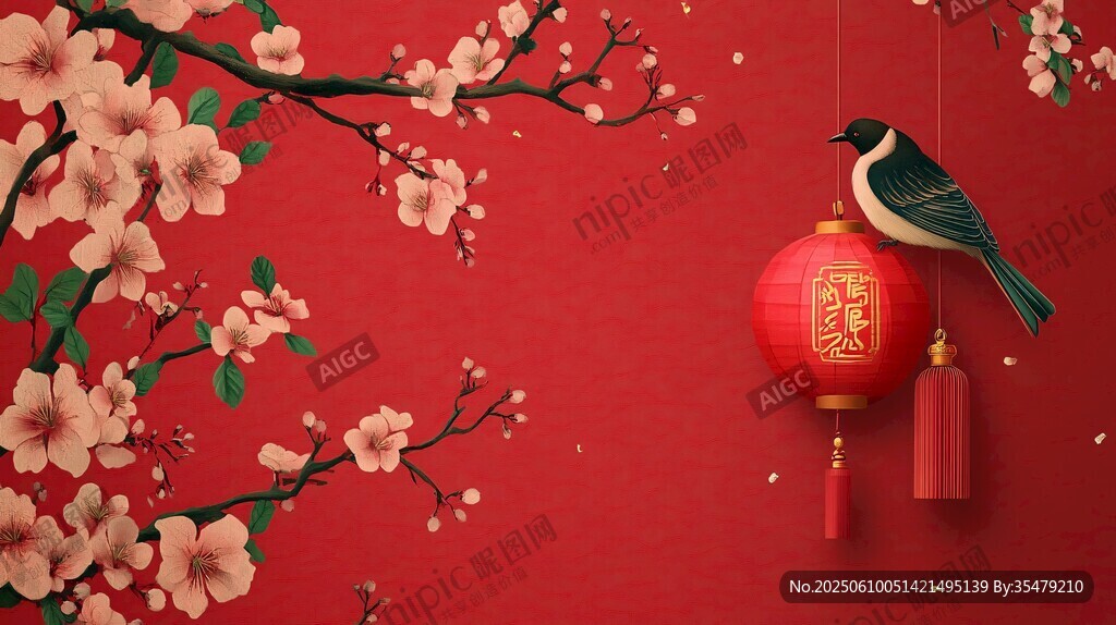 紅梅懸燈間鳥兒添春景