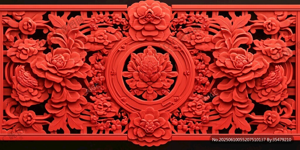 中式紅雕牡丹雕花飾板