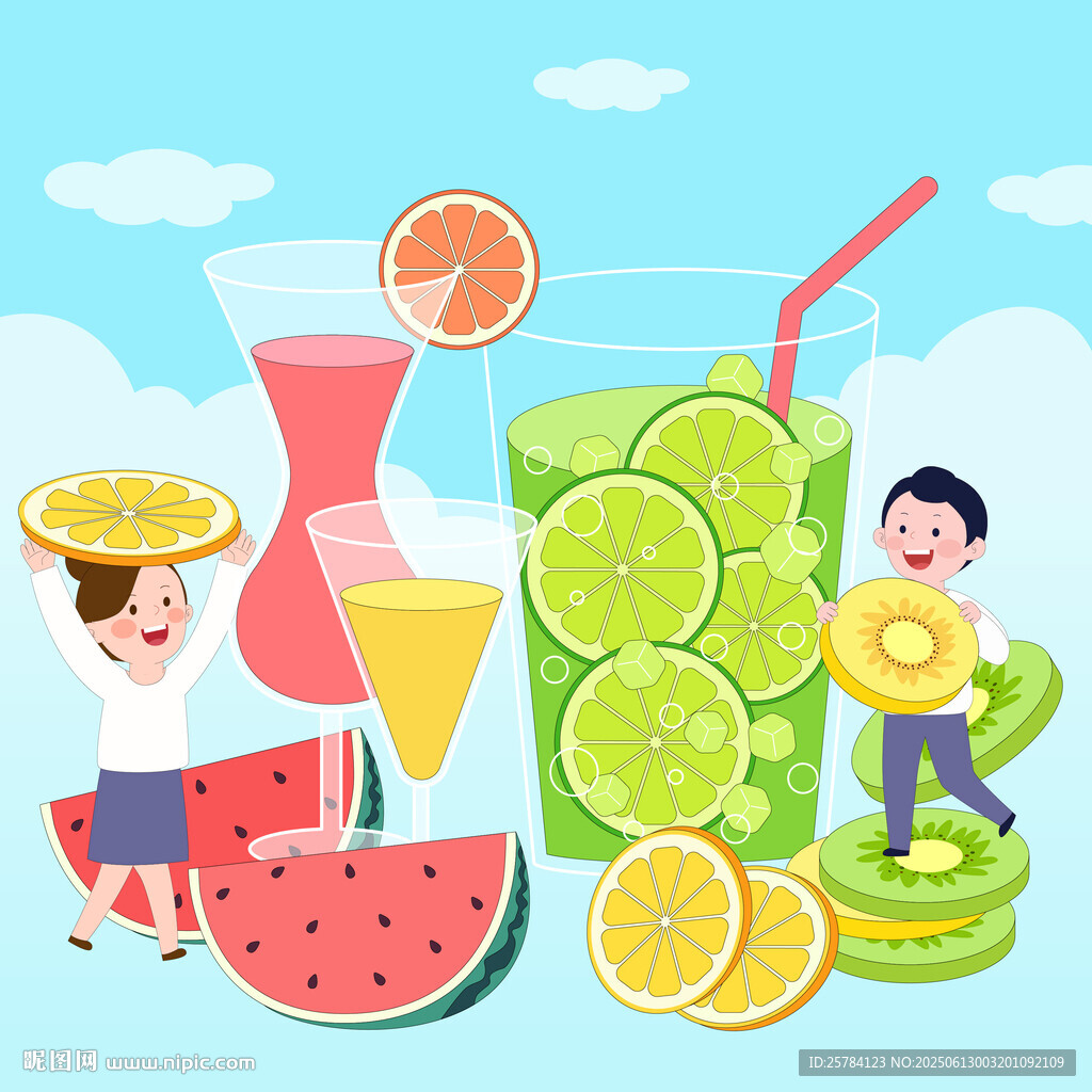 果汁飲料西瓜檸檬青檸你猴桃插畫