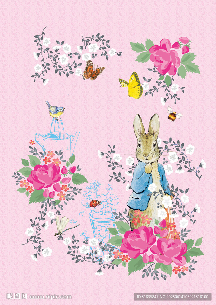 粉色背景的兔子花卉插畫