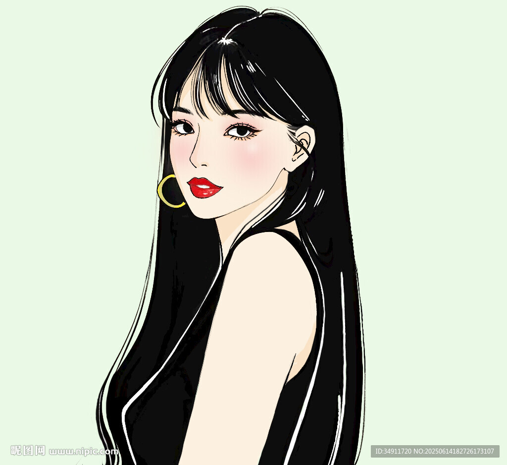 長發(fā)紅唇時尚女性插畫