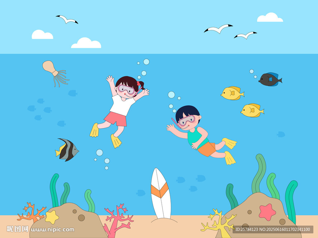 兒童暑假旅行海邊潛水看魚群珊瑚