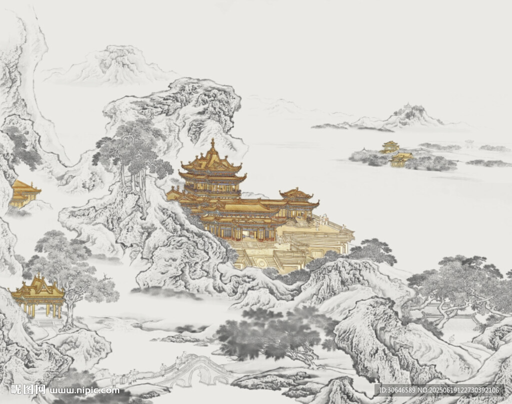 水墨山水間的古韻樓閣