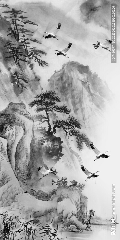 水墨山水飛鳥圖玄關(guān)裝飾畫