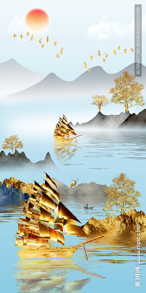 金色山水間風景畫玄關圖