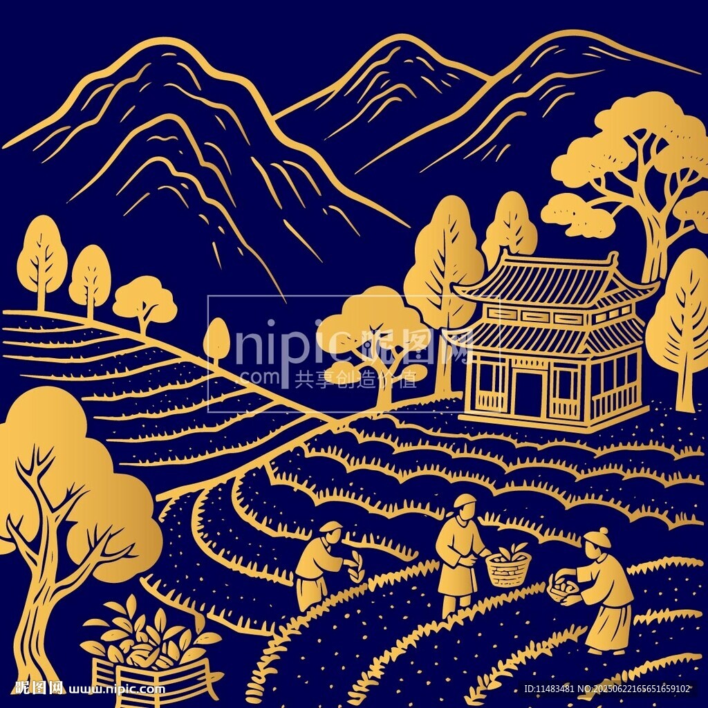 線描茶園茶葉場景