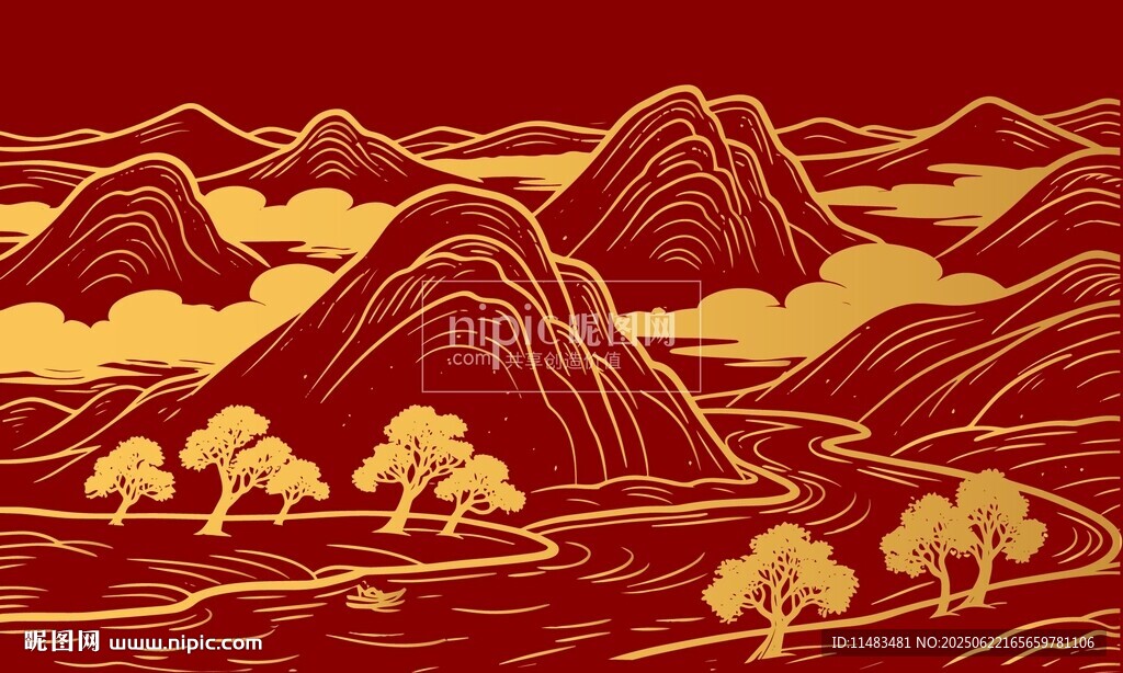 金色山水畫河流元素背景