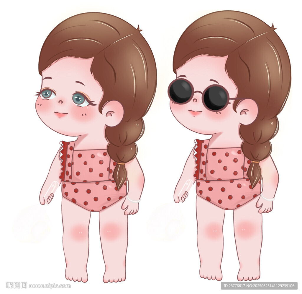 手繪Q版可愛波點泳衣小女孩