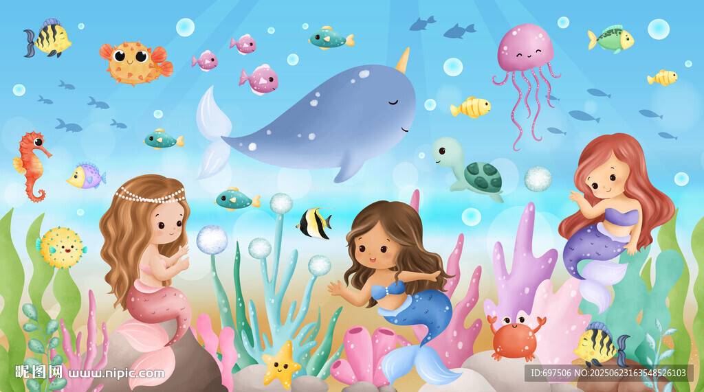 可愛美人魚卡通鯨魚海底動物背景