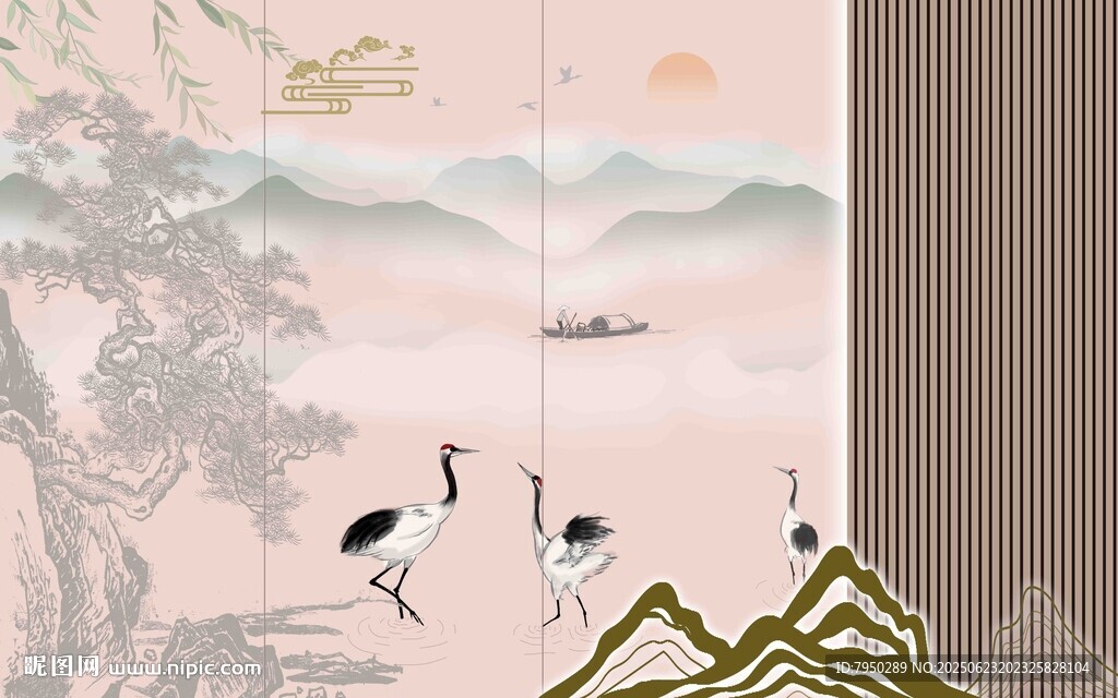 中式山水仙鶴屏風(fēng)畫