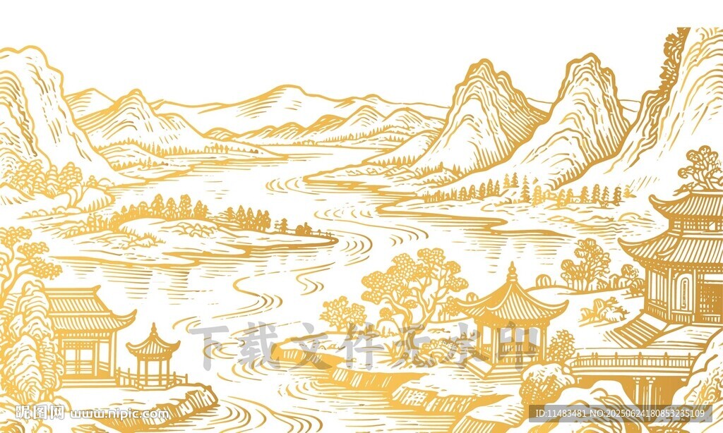 古建筑山水畫線描剪影背景