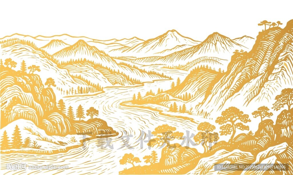 中國風千里江山山脈線描背景