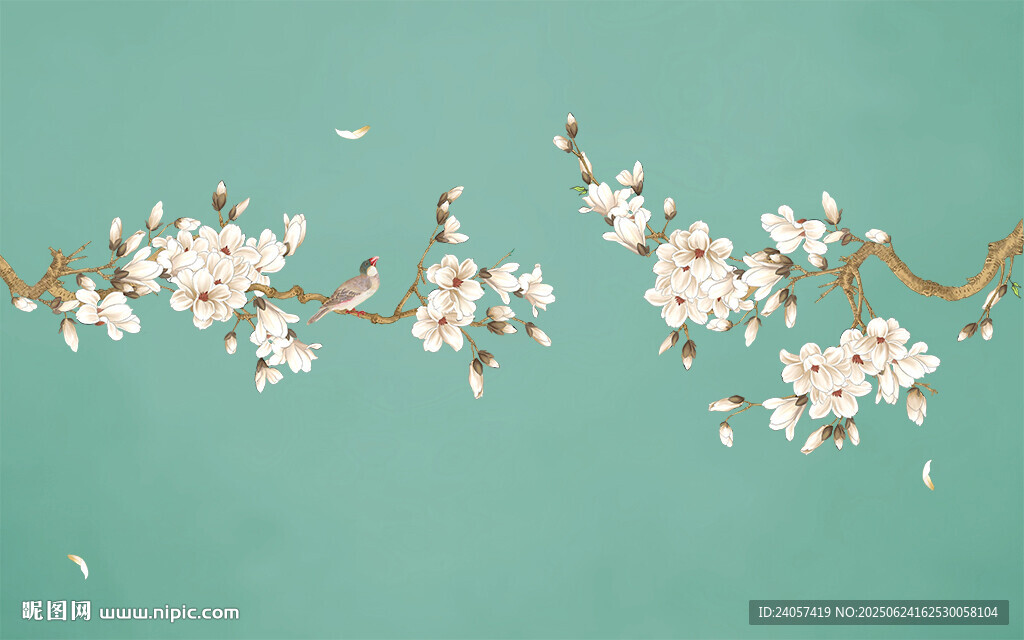 新中式工筆花鳥玉蘭花背景