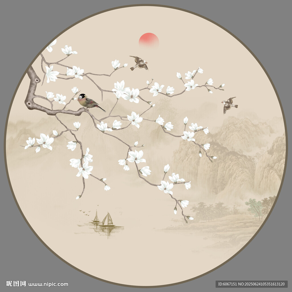 圓形工筆花鳥畫背景圖