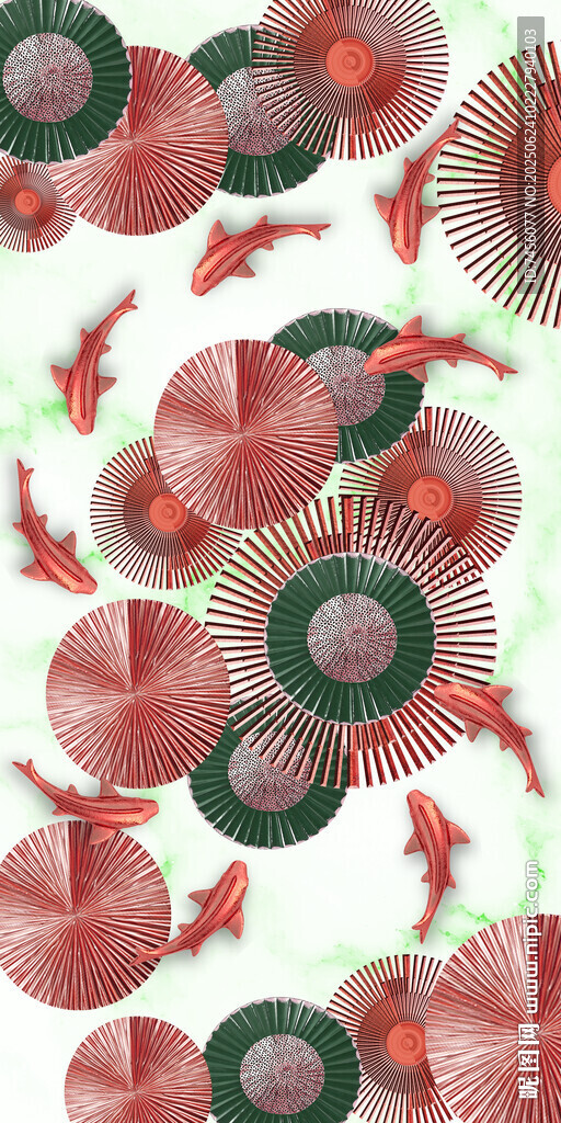 紅魚游弋于多彩圓片間玄關裝飾畫