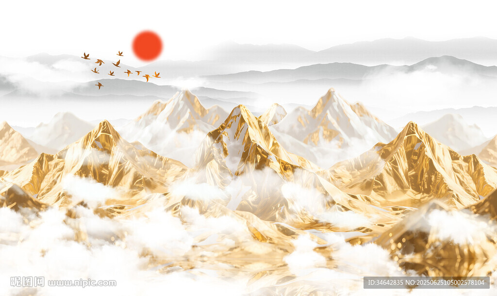 金箔山水畫背景墻圖片